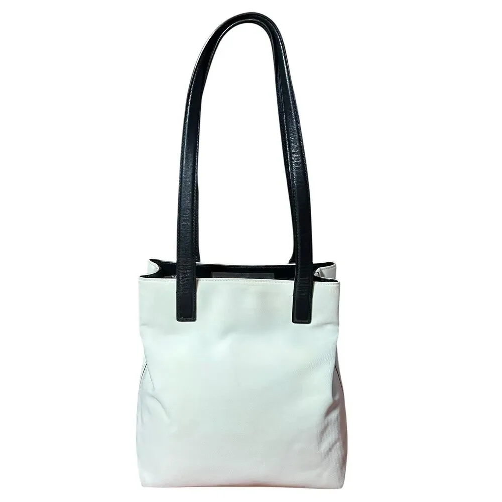 Coach Tote Bag Womens Medium White Canvas Black Leather Shoulder Purse L3J-7441